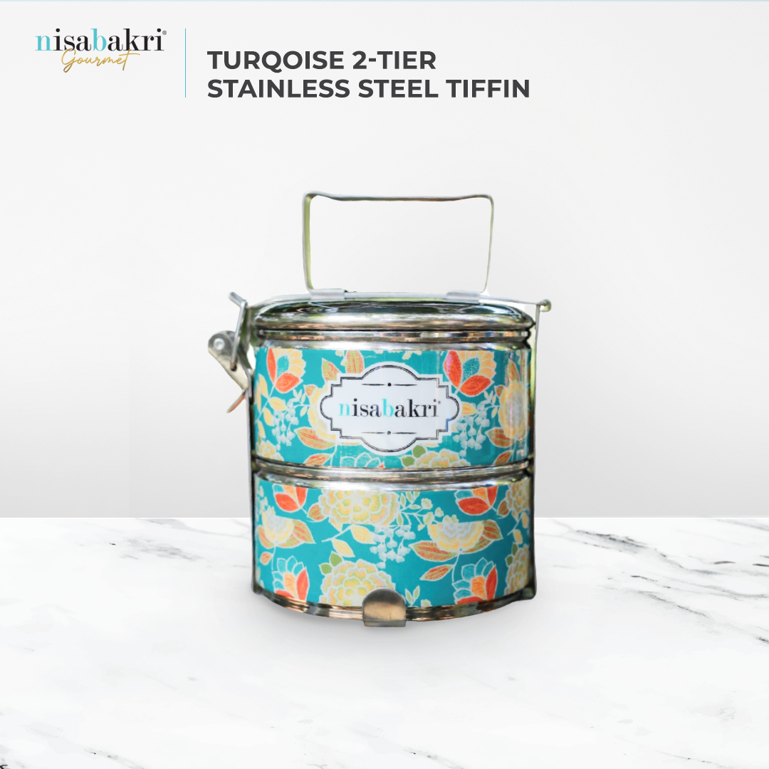 Tiffin turchese a 2 livelli in acciaio inox da 12 cm, 550 grammi